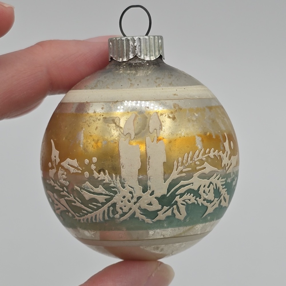 Vintage SHINY BRITE Teal Gold Cabdle Holly Striped Stencil Christmas Ornament